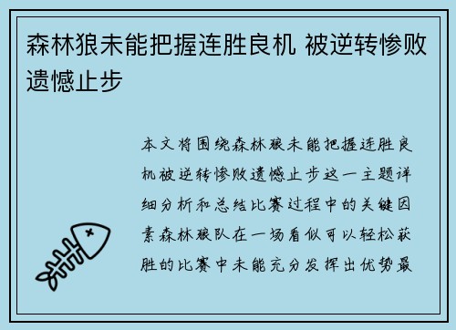 森林狼未能把握连胜良机 被逆转惨败遗憾止步