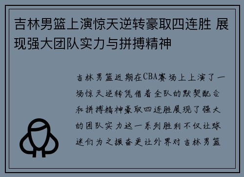 吉林男篮上演惊天逆转豪取四连胜 展现强大团队实力与拼搏精神
