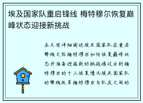 埃及国家队重启锋线 梅特穆尔恢复巅峰状态迎接新挑战