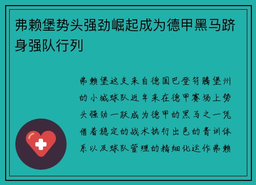 弗赖堡势头强劲崛起成为德甲黑马跻身强队行列