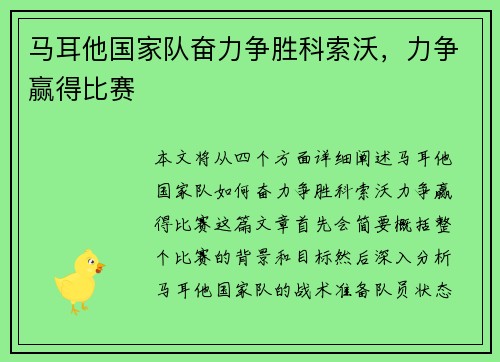 马耳他国家队奋力争胜科索沃，力争赢得比赛