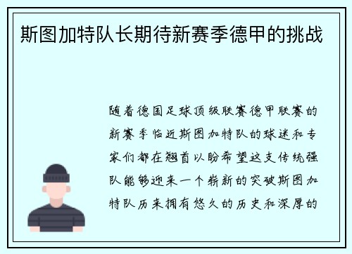 斯图加特队长期待新赛季德甲的挑战