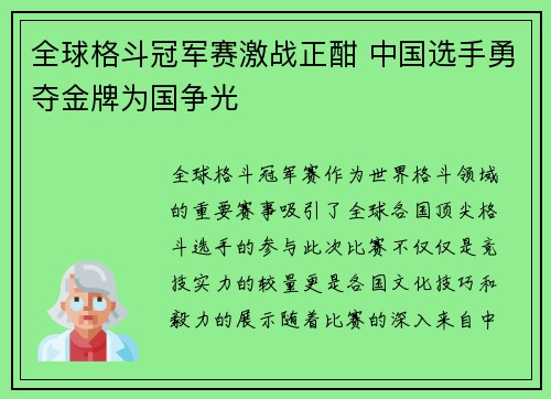 全球格斗冠军赛激战正酣 中国选手勇夺金牌为国争光