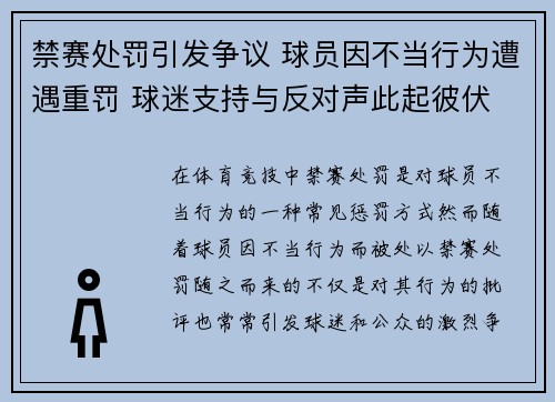 禁赛处罚引发争议 球员因不当行为遭遇重罚 球迷支持与反对声此起彼伏